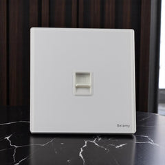 Belamy white internet socket with single network port and clean white wall plate design, model BE-158-SW.
