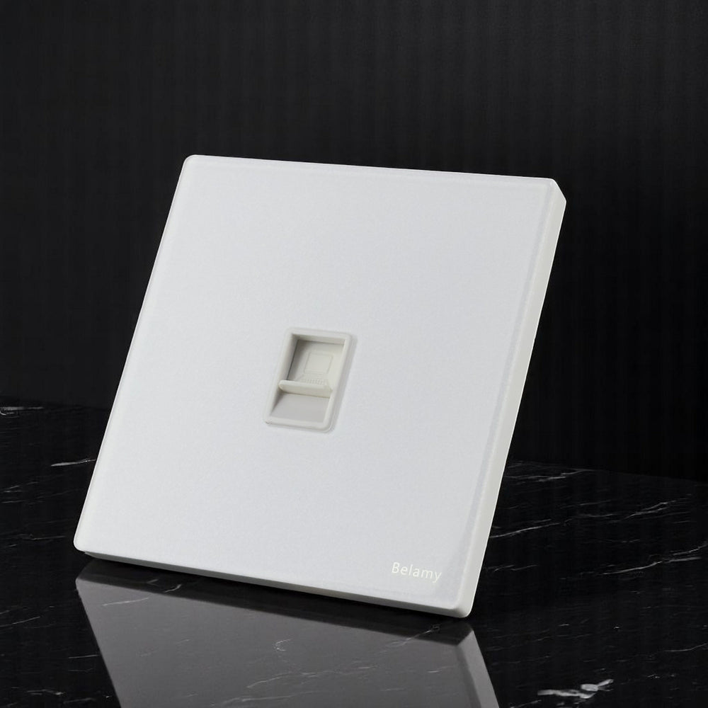 Belamy white internet socket with single network port and minimalist white wall plate design, model BE-158-SW.