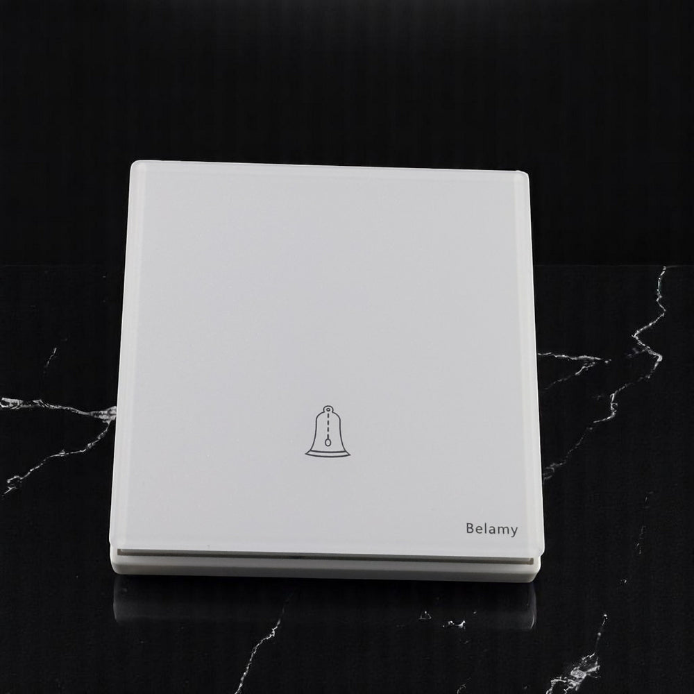 Belamy white push bell switch with bell icon and minimalist white wall plate design, model BE-155-SW.