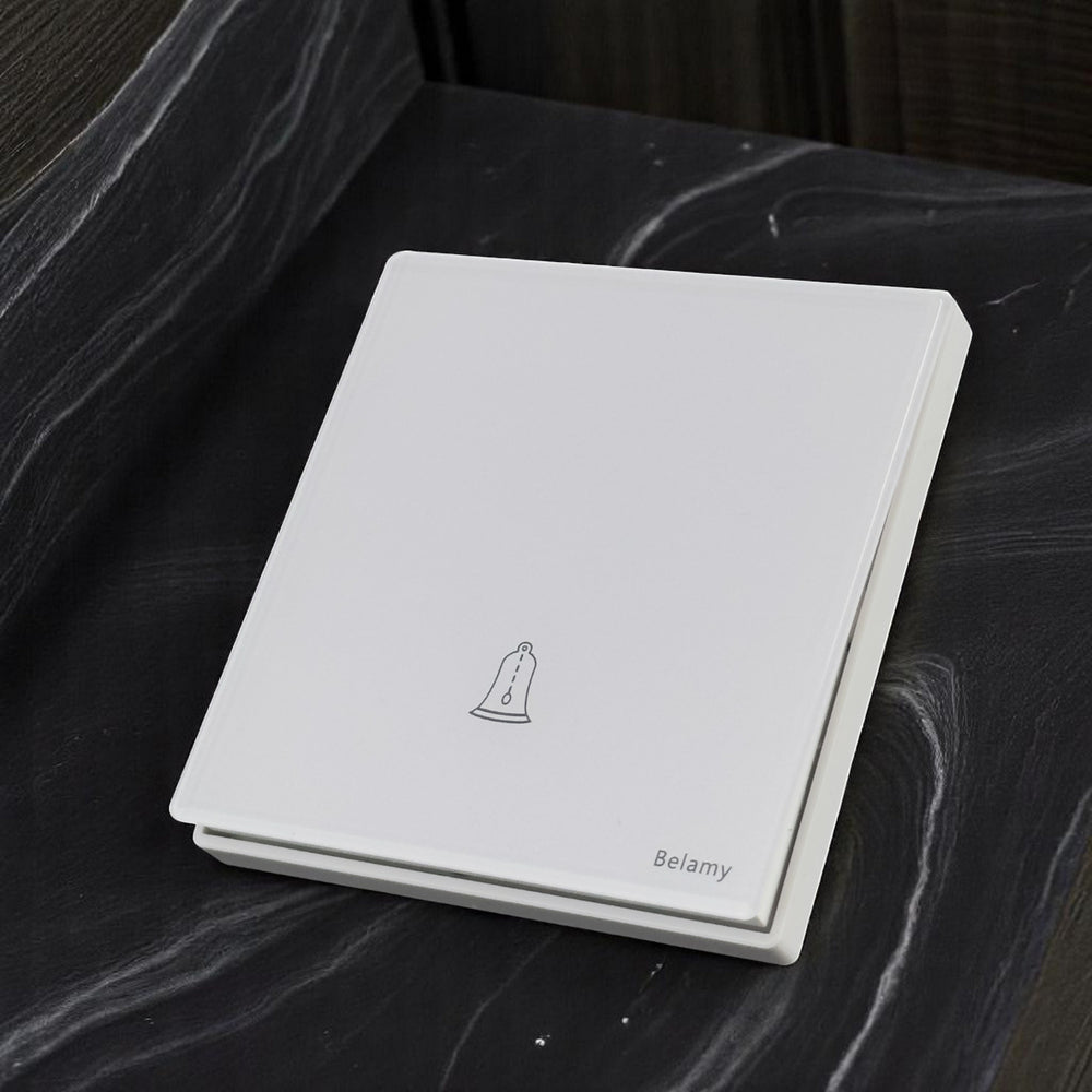 Belamy white push bell switch with bell icon and minimalist white wall plate design, model BE-155-SW.