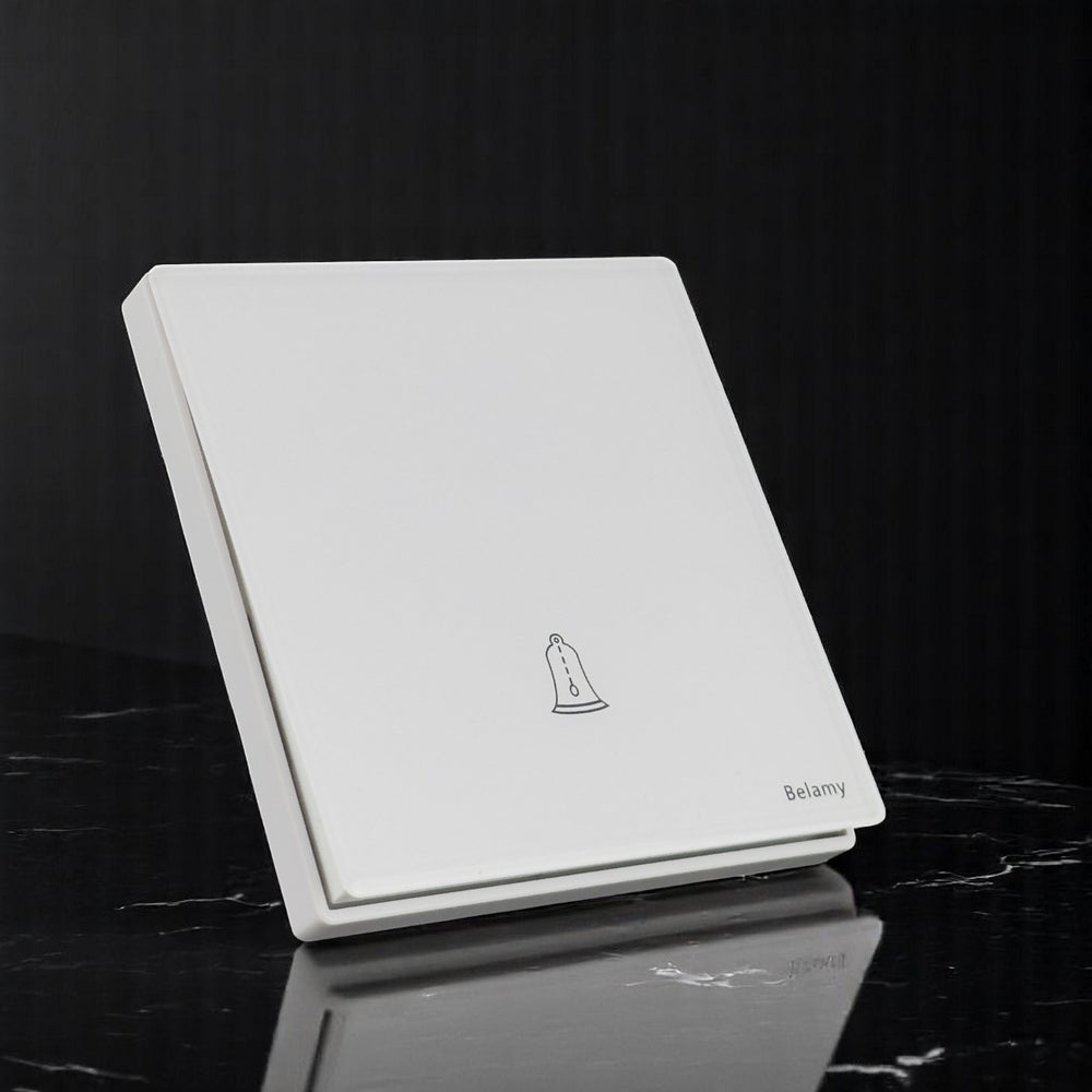 Belamy white push bell switch with bell icon and minimalist white wall plate design, model BE-155-SW.