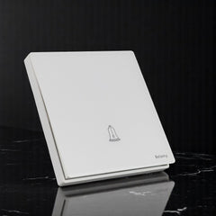 Belamy white push bell switch with bell icon and minimalist white wall plate design, model BE-155-SW.
