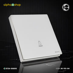 Belamy white push bell switch with bell icon and minimalist white wall plate design, model BE-155-SW.