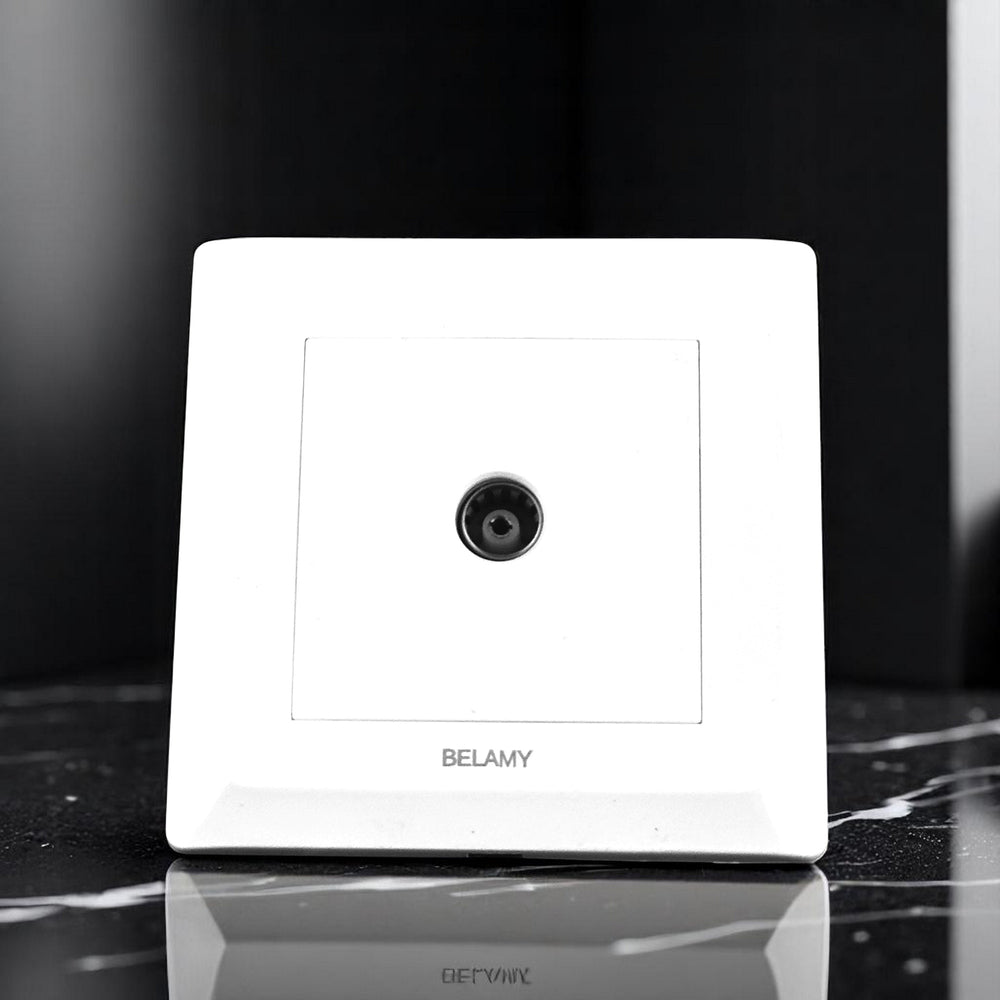 Belamy white TV socket with central coaxial connector and clean wall plate design, model BE-116-SW.