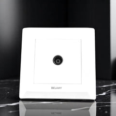Belamy white TV socket with central coaxial connector and clean wall plate design, model BE-116-SW.