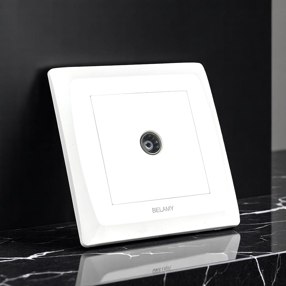Belamy white TV socket with central coaxial connector and clean wall plate design, model BE-116-SW.