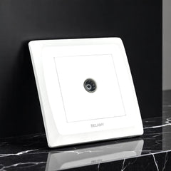 Belamy white TV socket with central coaxial connector and clean wall plate design, model BE-116-SW.