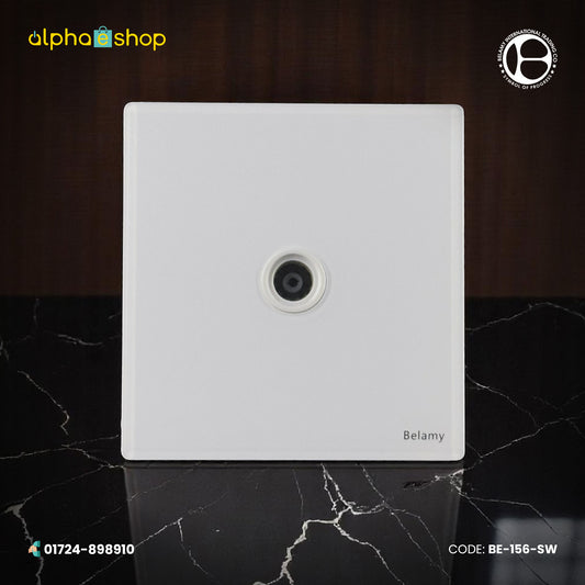 Belamy white TV socket with single coaxial connector and clean white wall plate design, model BE-156-SW.