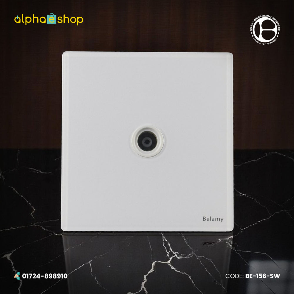 Belamy white TV socket with single coaxial connector and clean white wall plate design, model BE-156-SW.