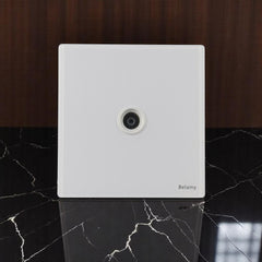 Belamy white TV socket with single coaxial connector and minimalist white wall plate design, model BE-156-SW.