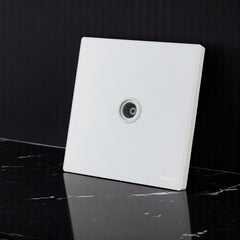 Belamy white TV socket with single coaxial connector and clean white wall plate design, model BE-156-SW.