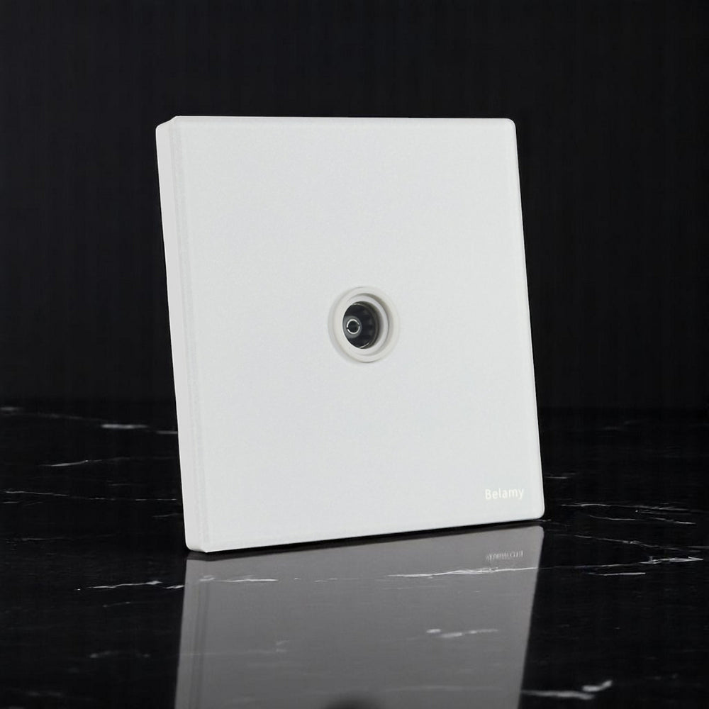 Belamy white TV socket with single coaxial connector and minimalist white wall plate design, model BE-156-SW.