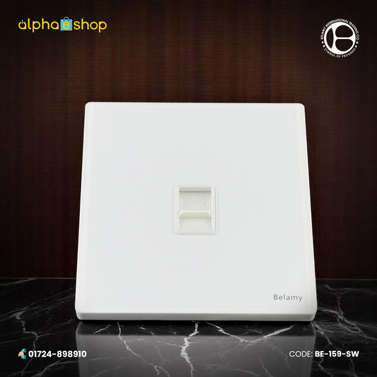 Belamy white telephone socket with single modular phone port and clean white wall plate design, model BE-159-SW.
