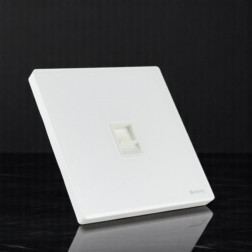 Belamy white telephone socket with single modular phone port and minimalist white wall plate, model BE-159-SW.