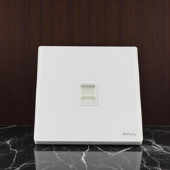 Belamy white telephone socket with single modular phone port and clean white wall plate design, model BE-159-SW.