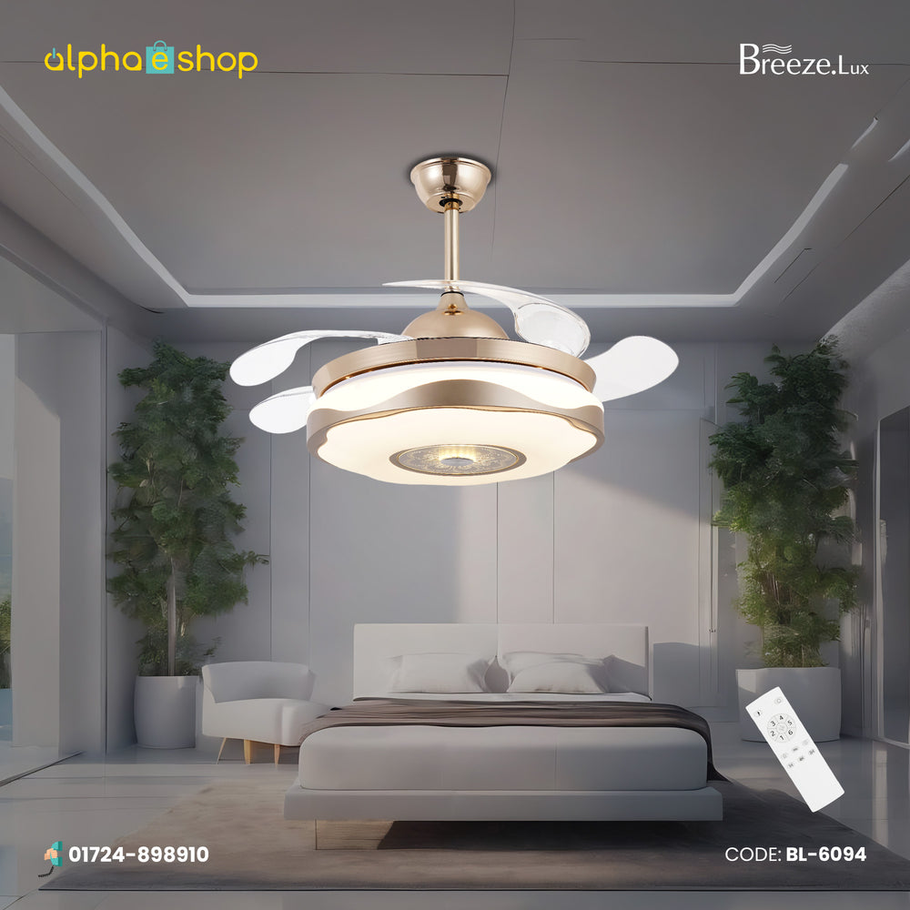 Breezelux 36-inch golden ceiling fan with retractable clear blades, crystal underlight, remote control and silent operation.