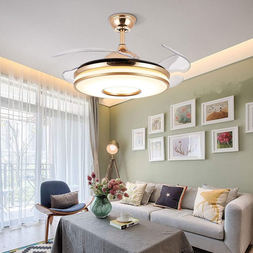 Breezelux 36-inch golden ceiling fan with retractable clear blades, LED underlight, remote control and silent operation.