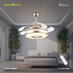 Breezelux 36-inch golden ceiling fan with retractable clear blades, crystal underlight, remote control and silent operation.