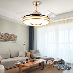 Breezelux 36-inch golden ceiling fan with retractable clear blades, 3-color LED underlight, remote control and silent operation.