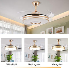 Breezelux BL-6094 golden retractable ceiling fan with 3-color LED lighting modes: white, neutral and warm light.