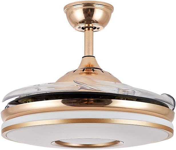 Breezelux 36-inch golden ceiling fan with retractable clear blades, 3-color LED underlight, remote control and silent operation.