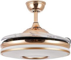 Breezelux 36-inch golden ceiling fan with retractable clear blades, 3-color LED underlight, remote control and silent operation.