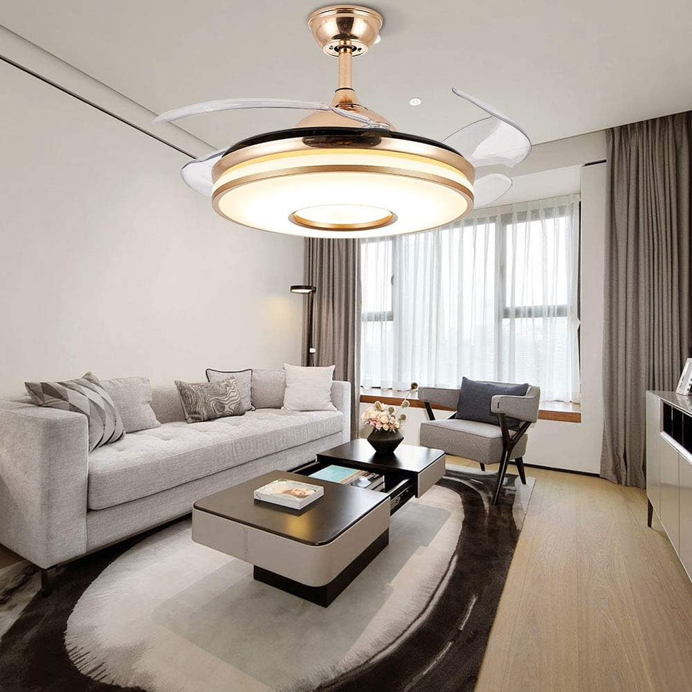 Breezelux 36-inch golden ceiling fan with retractable clear blades, LED underlight, remote control and silent operation.