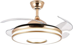 Breezelux 36-inch golden ceiling fan with retractable clear blades, LED underlight, remote control and silent operation.