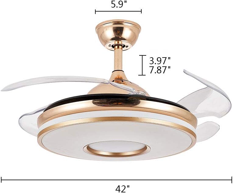 Breezelux BL-6094 golden retractable ceiling fan dimension diagram showing 42-inch width, 5.9-inch canopy and 3.97/7.87-inch downrod.