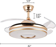 Breezelux BL-6094 golden retractable ceiling fan dimension diagram showing 42-inch width, 5.9-inch canopy and 3.97/7.87-inch downrod.