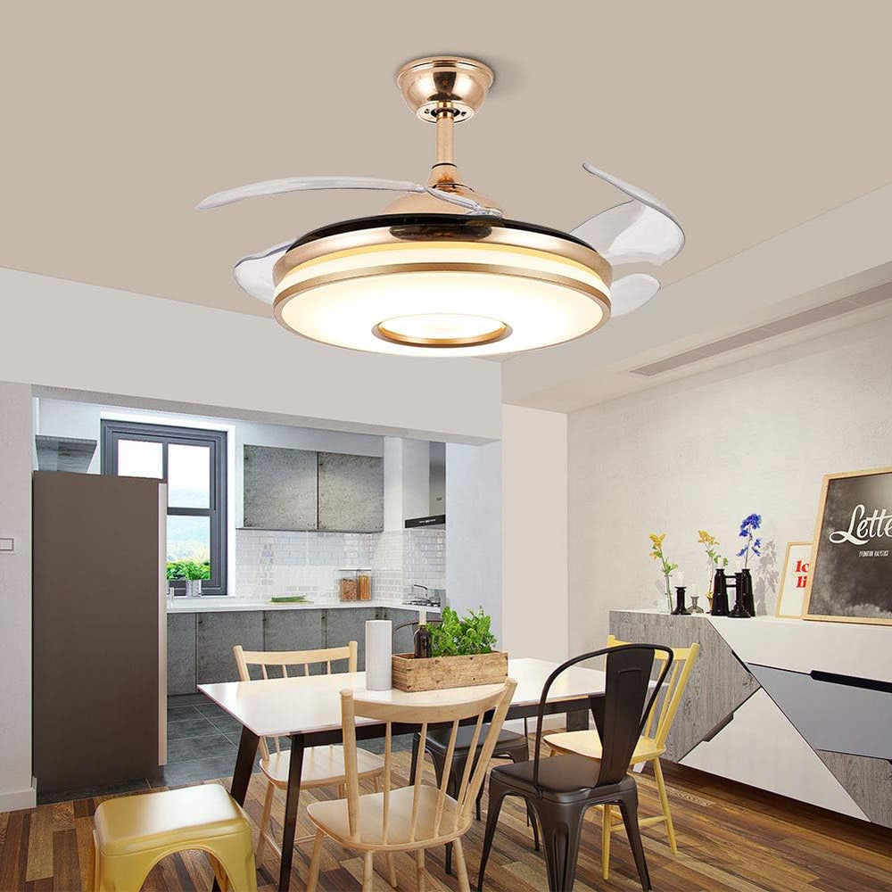 Breezelux 36-inch golden ceiling fan with retractable clear blades, LED underlight, remote control and silent operation.