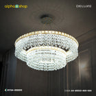 Deluxe modern 2-layer hanging chandelier featuring tiers of brilliant diamond-cut crystals embedded in a gold-finished round frame.