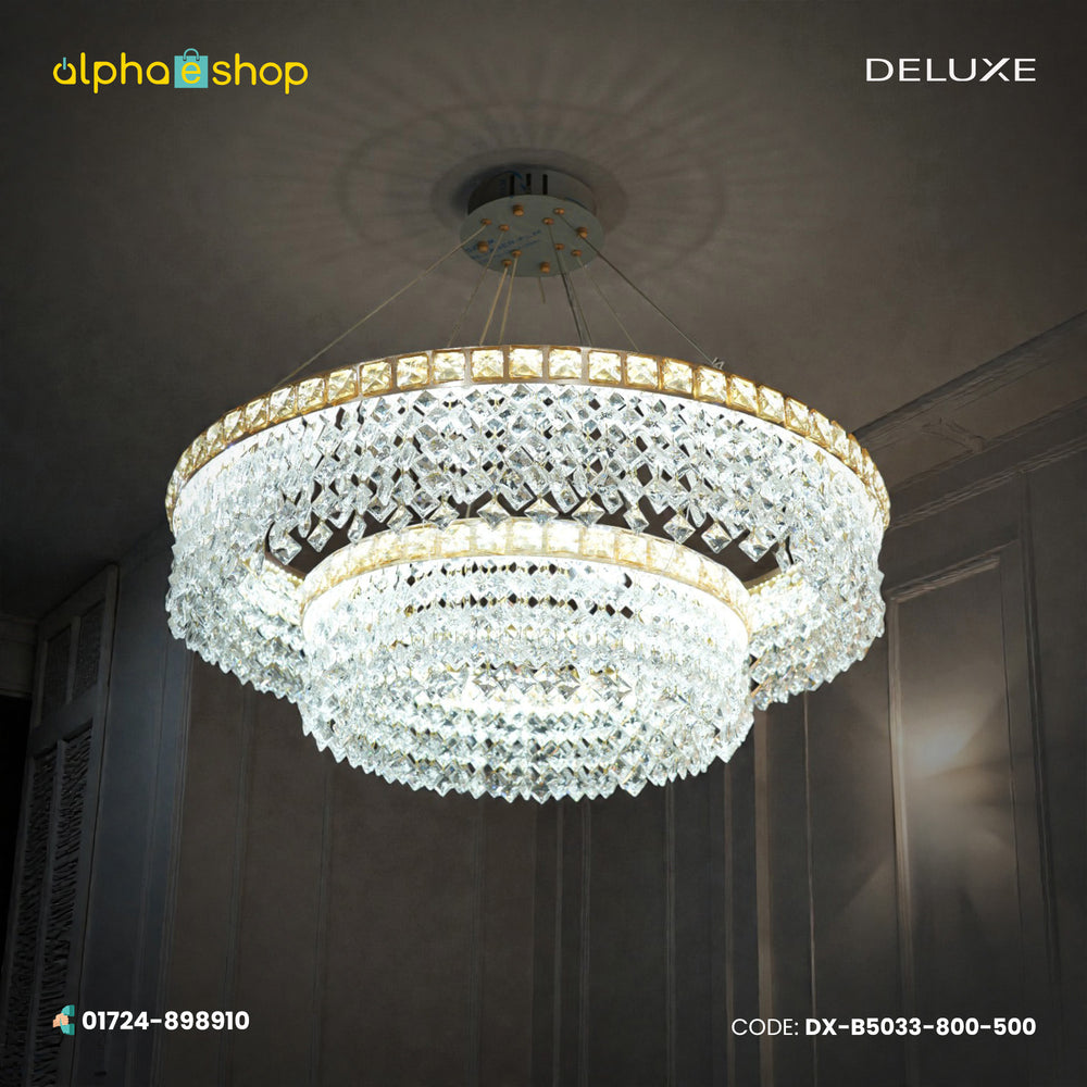 Deluxe modern 2-layer hanging chandelier featuring tiers of brilliant diamond-cut crystals embedded in a gold-finished round frame.