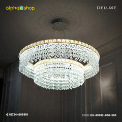 Deluxe modern 2-layer hanging chandelier featuring tiers of brilliant diamond-cut crystals embedded in a gold-finished round frame.
