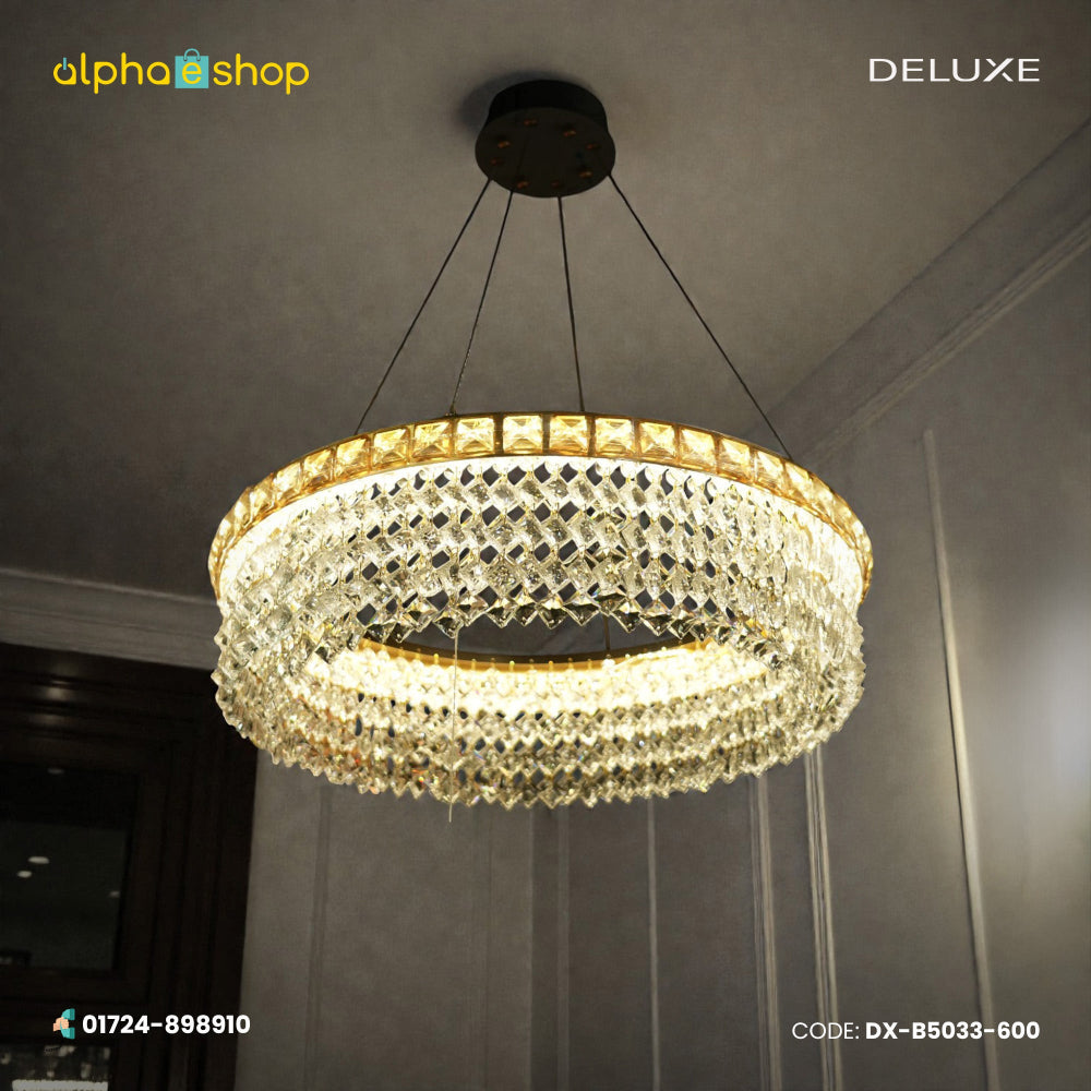 Deluxe modern single-layer hanging chandelier with a dense ring of diamond-cut crystals and warm gold geometric top frame.