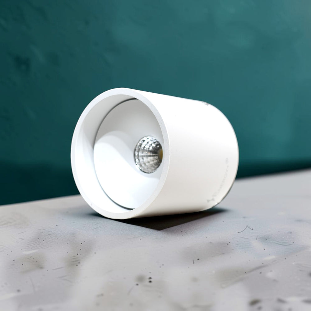 Energy Plus 1303 12W LED surface down spot light with a white cylindrical body, deeply recessed light source and silver reflector.