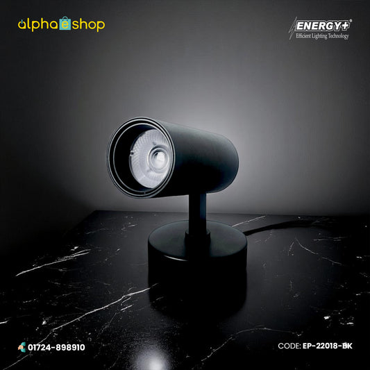 Energy Plus 22018 black LED surface mounted track spot light with cylindrical adjustable head, model EP-22018-BK.