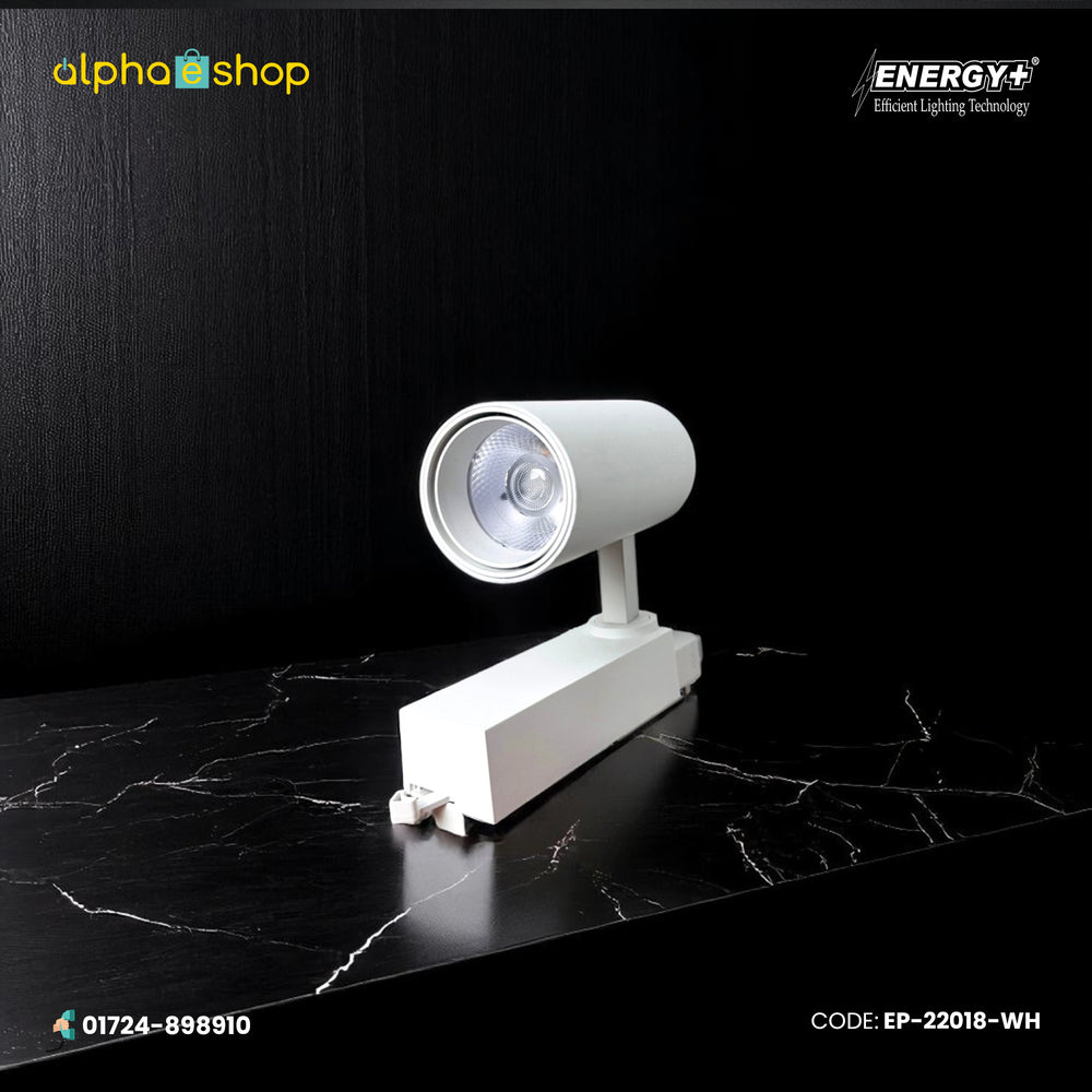 Energy Plus 22018 white LED surface mounted track spot light with cylindrical adjustable head, model EP-22018-WH.