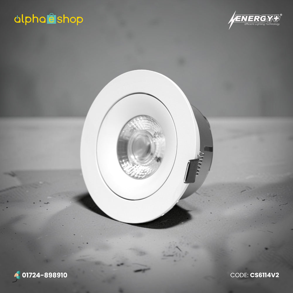 Energy Plus 6114 10W LED concealed spot light with a white circular frame, clear central lens and metal spring mounting clips.