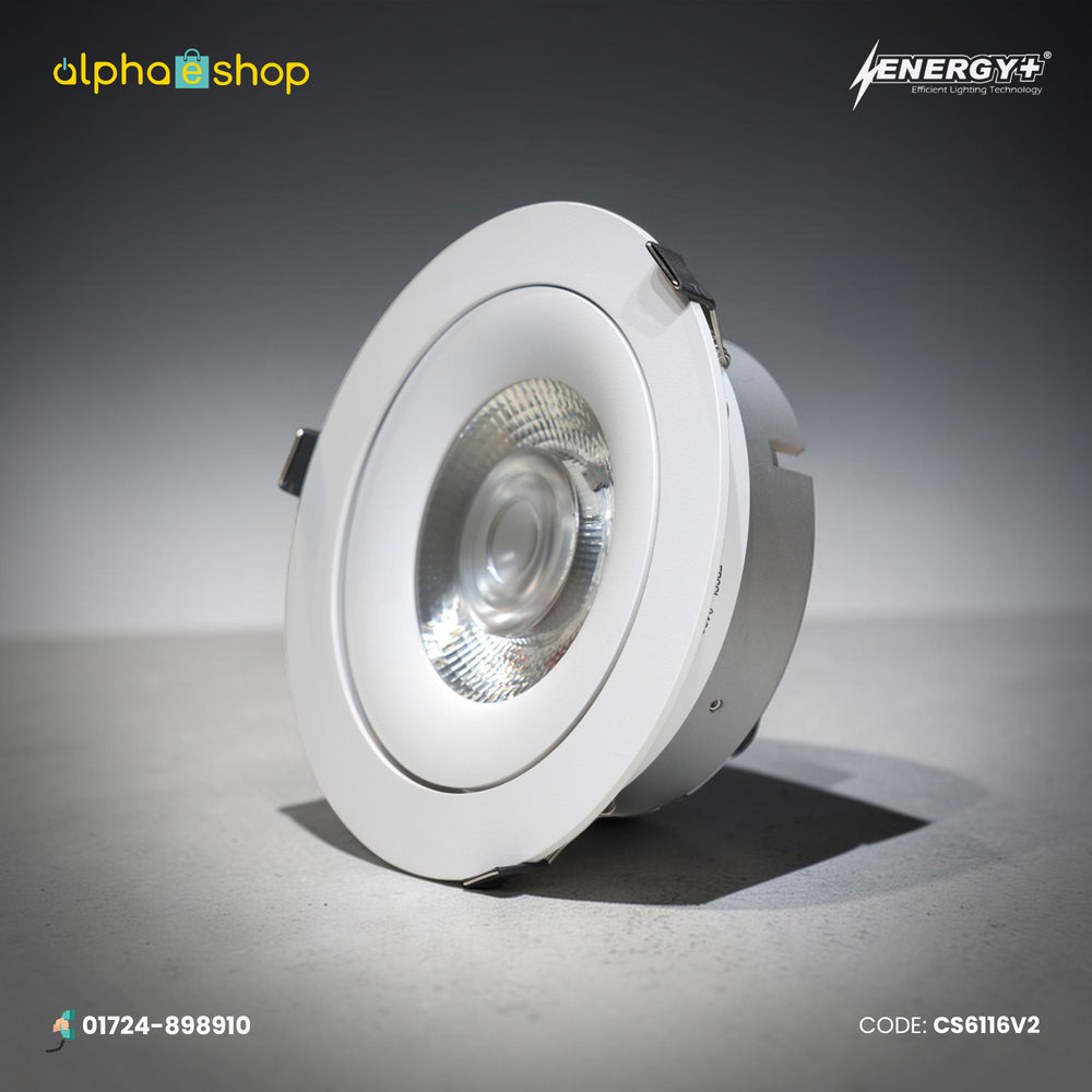 Energy Plus 6116 24W recessed LED spot light with a white circular frame, clear central lens, silver reflector and metal mounting clips.