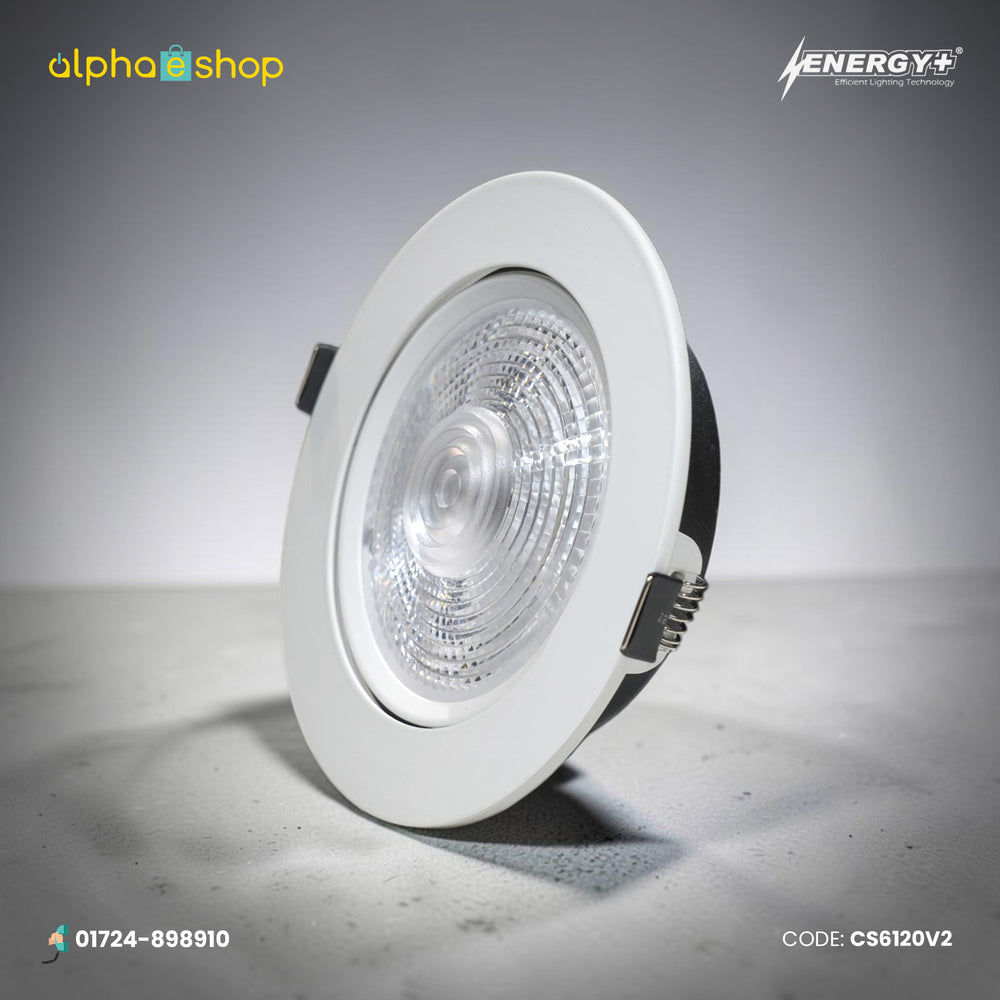 Energy Plus 6120 20W LED concealed spot light with a white circular frame, clear textured lens and metal spring mounting clips.