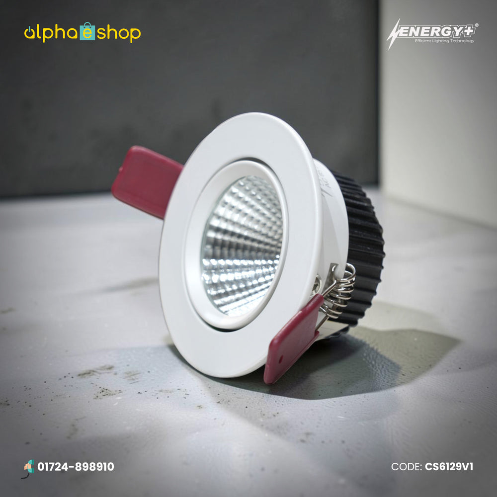 Energy Plus 6129 5W LED concealed spot light with a white circular frame, textured silver reflector and black finned heat sink.