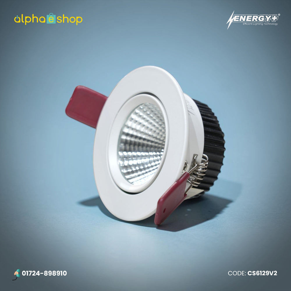 Energy Plus 6129 5W LED concealed spot light with a white circular frame, textured silver reflector and black finned heat sink.