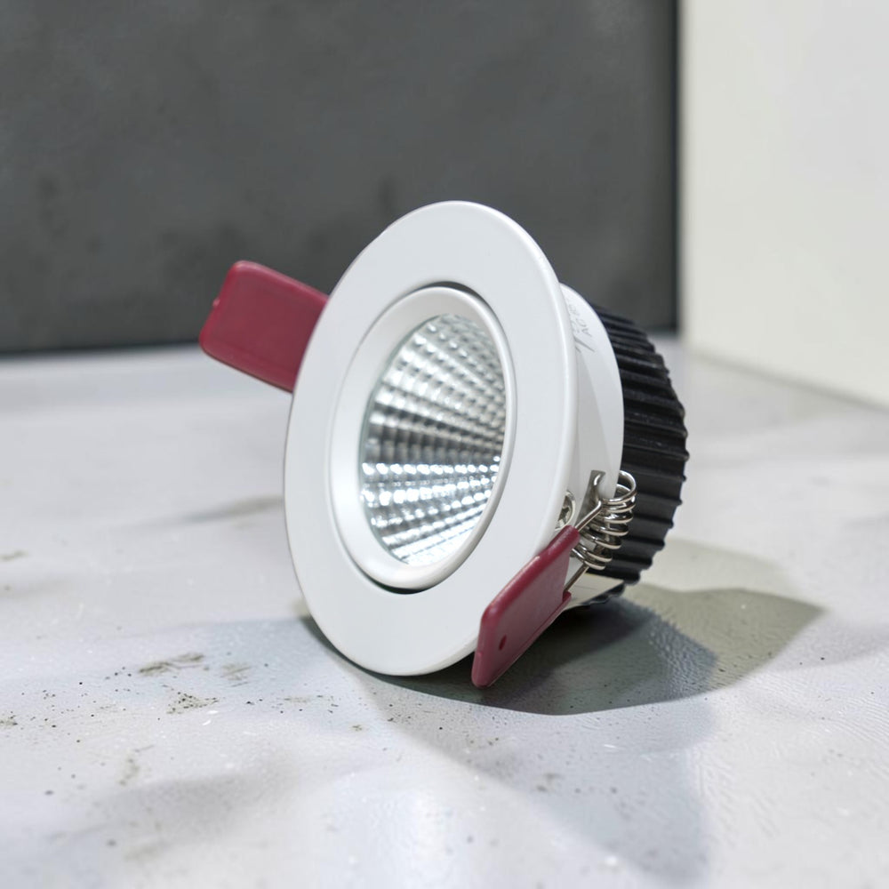 Energy Plus 6129 5W LED concealed spot light with a white circular frame, textured silver reflector and black finned heat sink.