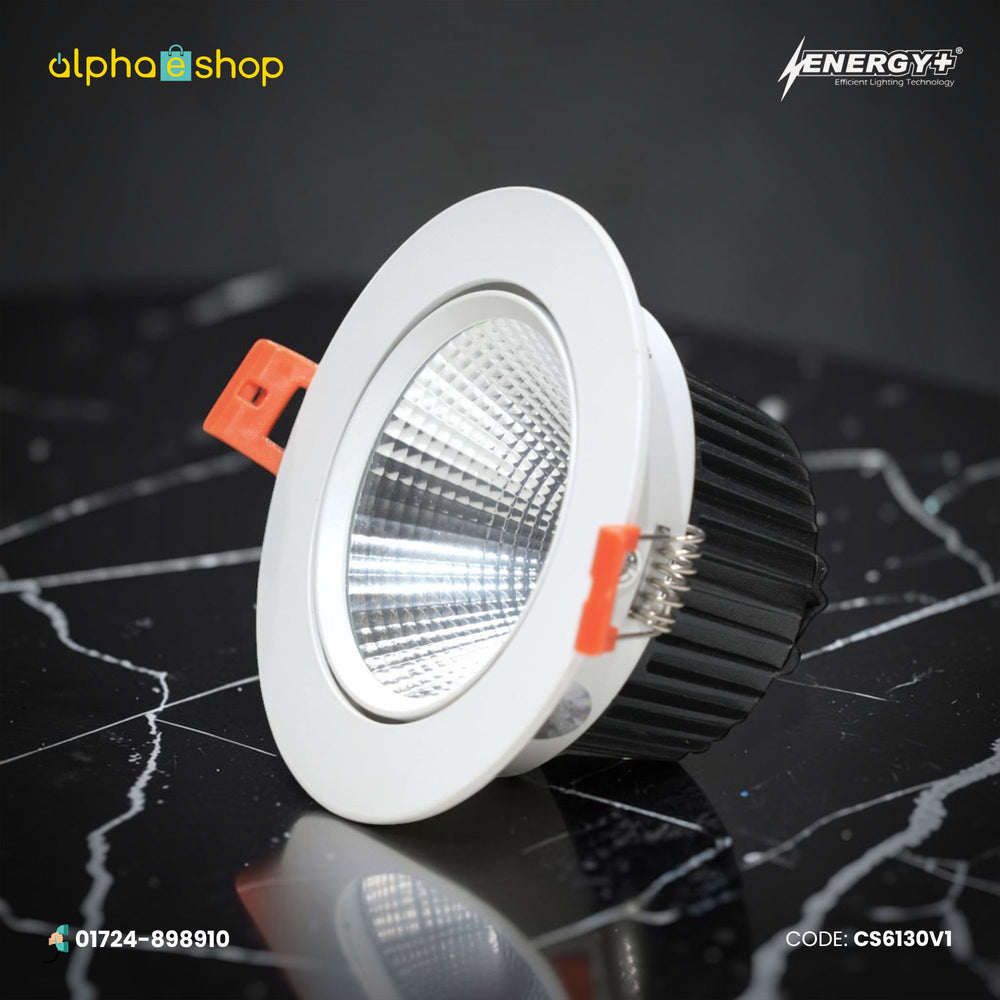 Energy Plus 6130 12W LED concealed spot light with a white circular frame, textured silver reflector and black finned heat sink.