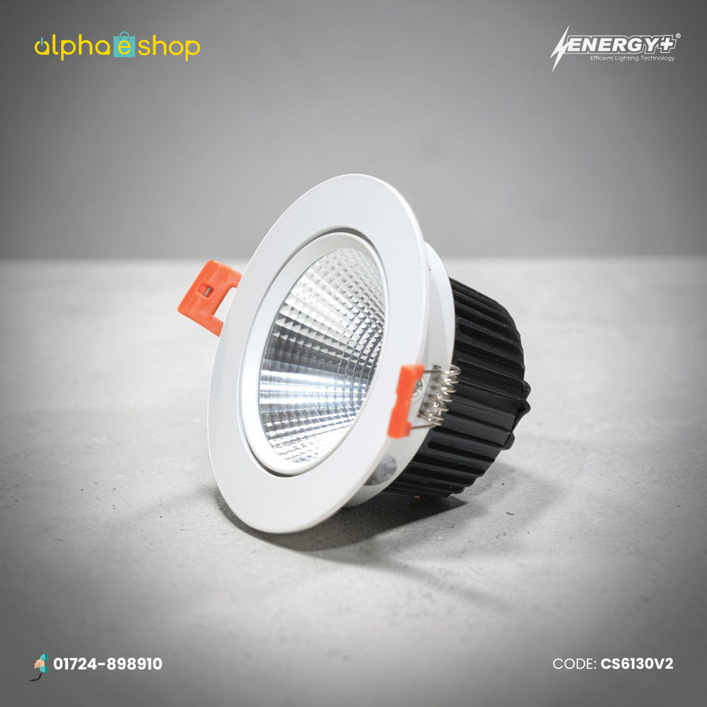 Energy Plus 6130 12W LED concealed spot light with a white circular frame, textured silver reflector and black finned heat sink.