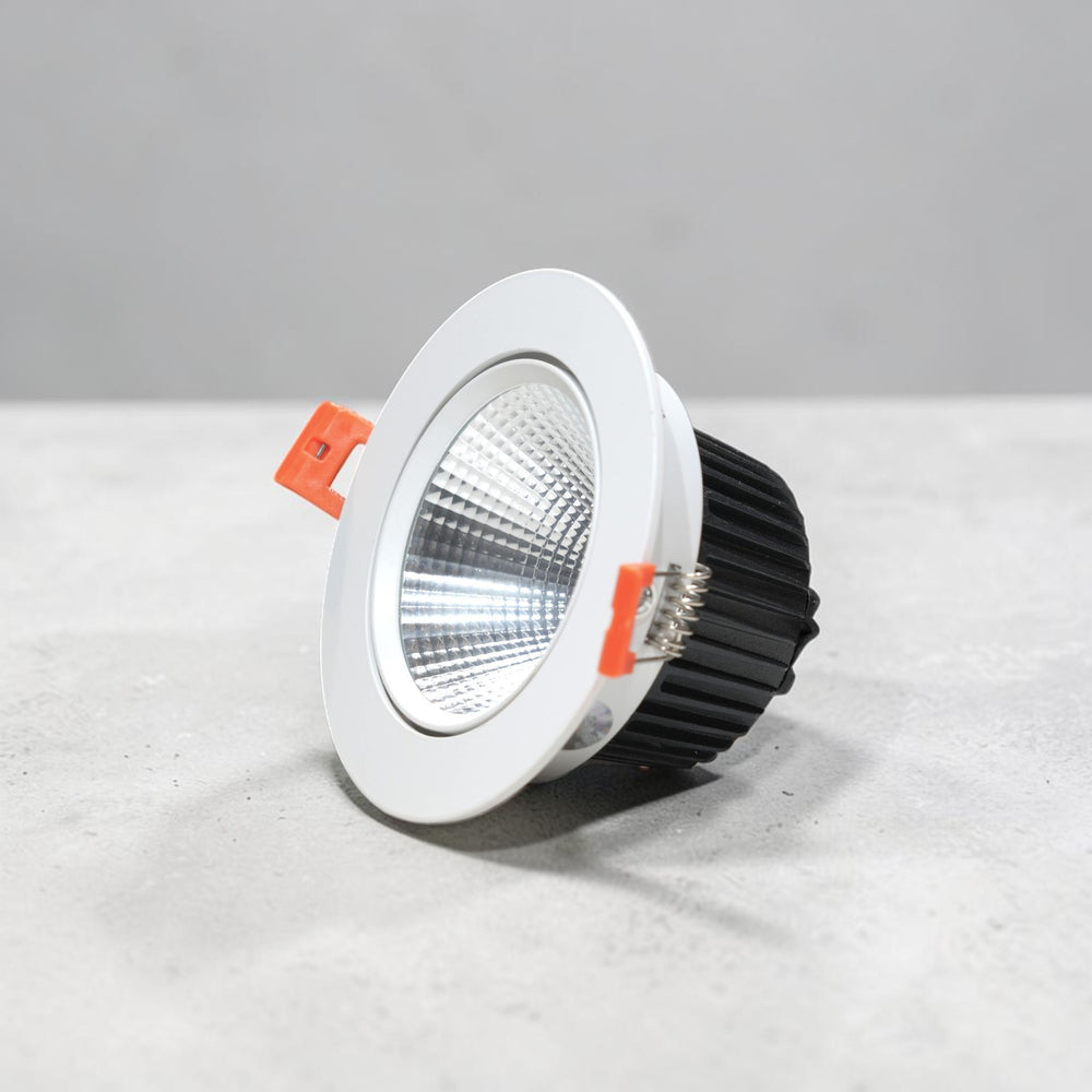 Energy Plus 6130 12W LED concealed spot light with a white circular frame, textured silver reflector and black finned heat sink.