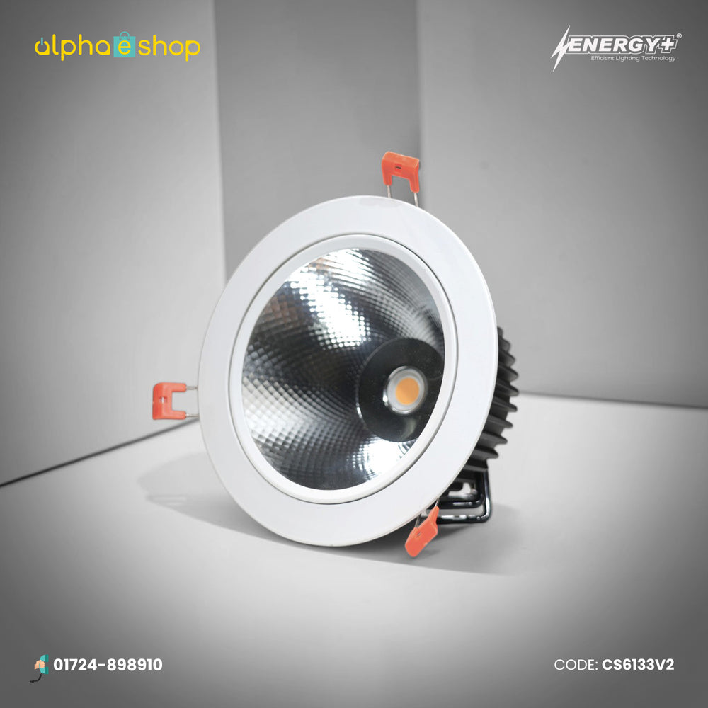 Energy Plus 6133 36W LED concealed spot light with a white circular trim, textured silver reflector and black cooling fins.
