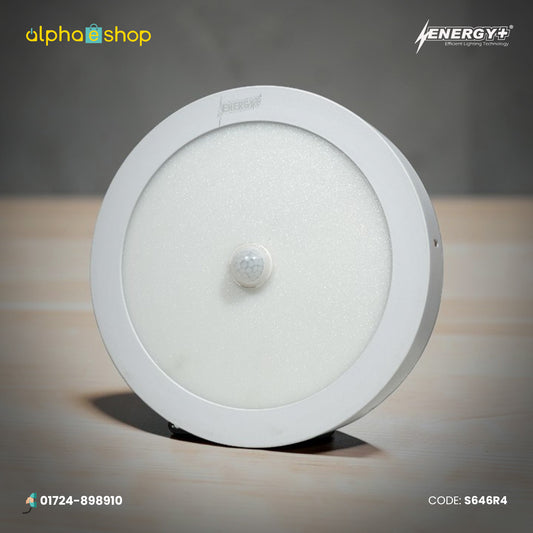 Energy Plus 646 18W round LED sensor surface panel light in white with central motion sensor and frosted diffuser, model S646.