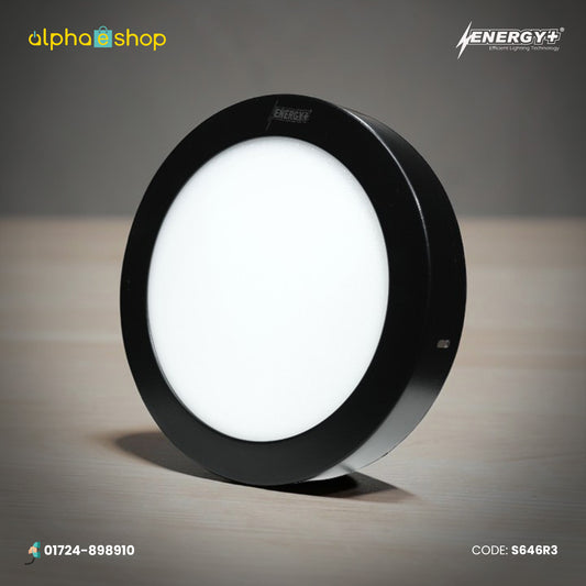 Energy Plus 646 18W round LED surface panel light in black with bright white diffuser and slim circular frame, model S646.